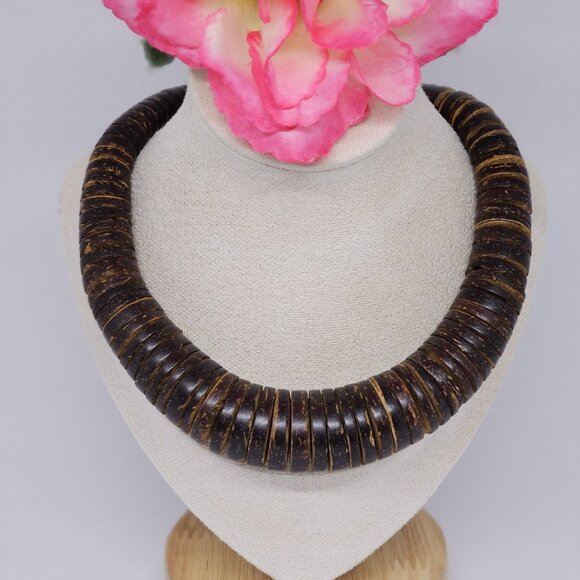 Chunky Graduated Brown Wood Disc Beaded Statement Bohemian Necklace 19" - Picture 9 of 12